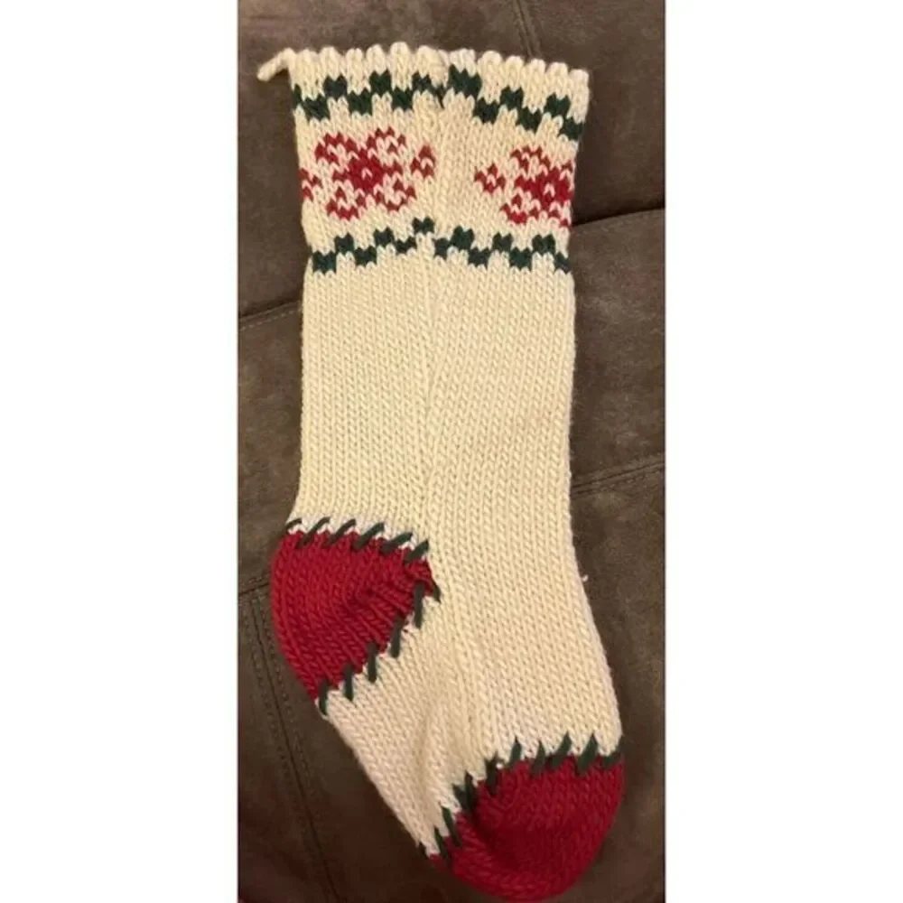 Hand Knit Ivory Christmas Stocking with Ice Skate‎ Sweater Print 18x7 Inches